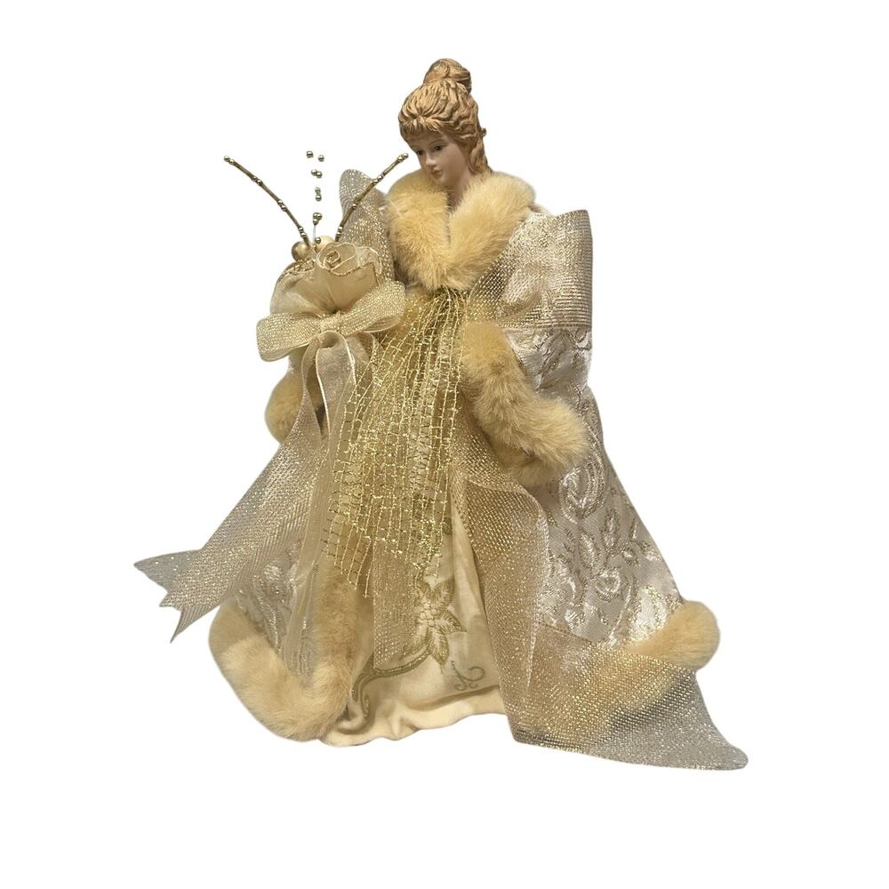 Vtg Lace Satin Angel Tree Topper/table Top Porcelain Face Embroidered 12 in Gold